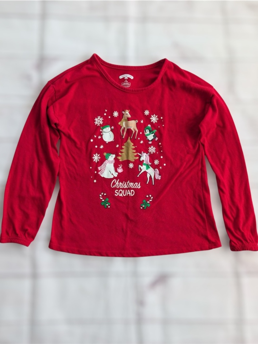 Holiday Time Girls Christmas Squad Pajama Shirt Size 7/8 Med red long sleeve pjs